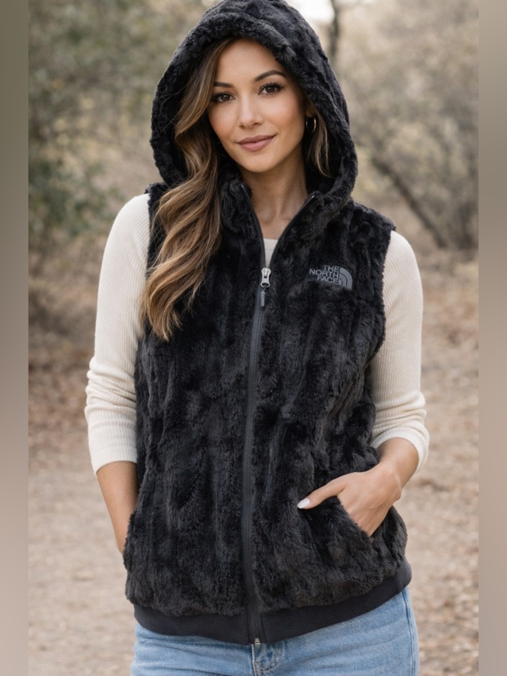The North Face Women's cozy Black Faux Fur hooded Vest